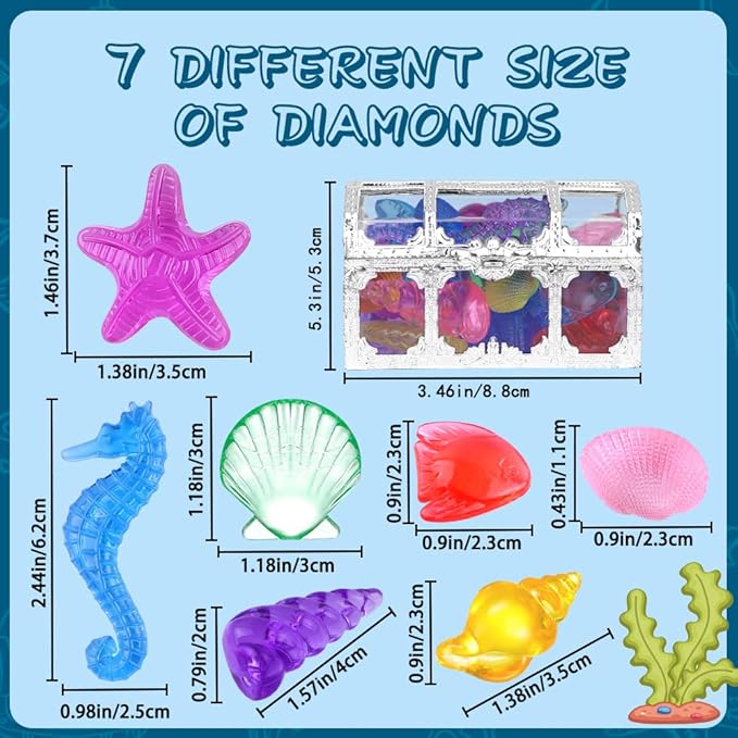 YUJUN 30 Pieces Colorful Diving Gem Pool Toys Big Diamond Ocean Animals Gem with Treasure Pirate Chest Box Summer Underwater Acrylic Gemstones Set for Kids Swimming Pool Party Favors