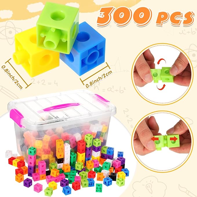 Jenaai 300 Pcs Linking Cubes with Storage Container Counting Cubes, Colorful Plastic Counting Block, Math Manipulatives Classroom Learning Supplies for Preschool Kindergarten(Pink)