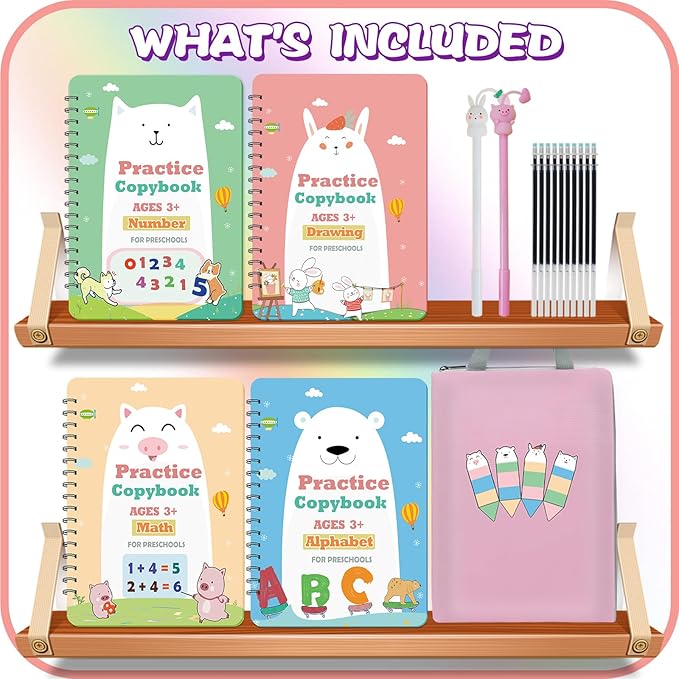 Upgraded Large Size Magic Practice Copybook for Kids, Reusable Writing Practice Book, Preschool Copybook (4 Books with Pens) - Pink Bag