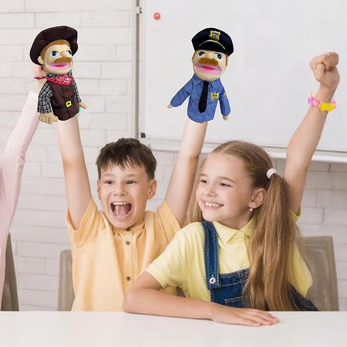 Hand Puppets Professional Characters, Police and Cowboy Role-Playing Storytelling Hand Puppet for Kids Age 4-8 Puppets with Movable Mouths and Control levers