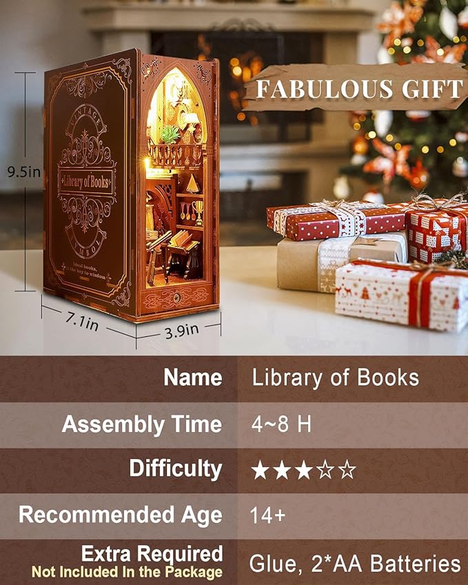 Book Nook Kit Library, DIY Booknooks Kit for Adults Teens with Sensor Lights, Bookshelf Diorama Miniature Scenes Insert Decor Decorative Bookends (Library of Books)