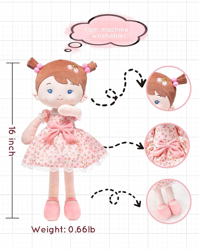 LeyaDoll Personalized Soft Baby Doll Toys for Girls (16''), My First Birthday Gift, Christmas Dolls, Leya Doll Baby Rag Doll Plush Toys for Toddler Kids Infants -Cherry Girl Light