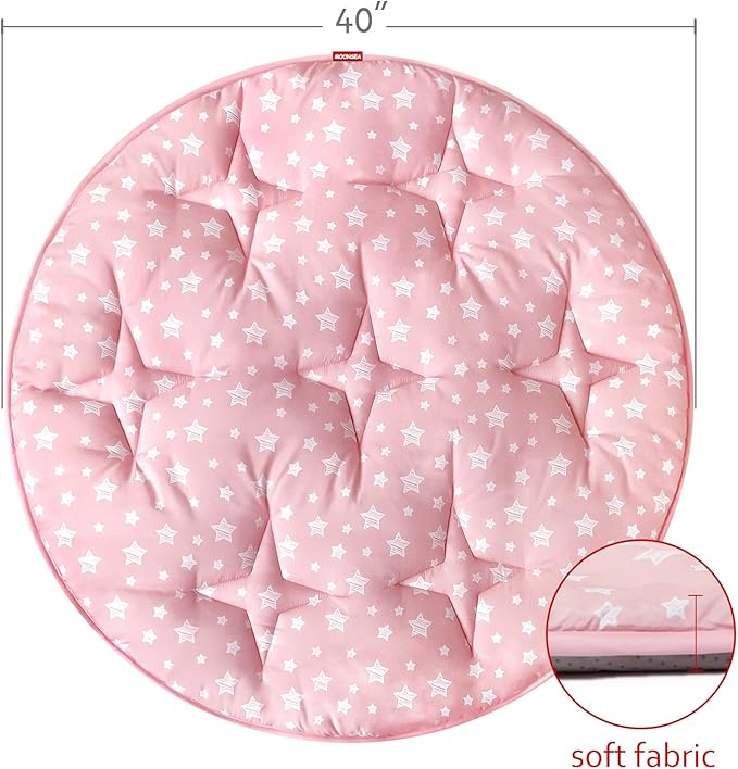 Moonsea Round Kids Play Mat Pink Star Nursery Rug for Baby Girl, Soft Crawling Non Slip Cushion Play Mat for Children Toddlers Bedroom and Princess Pop Up Play Tent, Diameter 40''