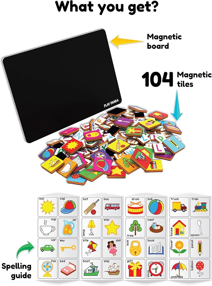 Magnetic Preschool learning Toys for Toddlers Aged 3 4 5 6 Years Old Learn to Spell Objects|104 Magnet Pieces-32 Picture & 72 Letters with Magnet Board & Spelling Game Guide|Educational Toy for Kids