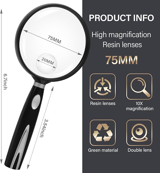 Feosky Handheld Reading Magnifier, 10X 30X Magnifier, 75mm Shatterproof Lens, Non-Slip Handle for Adults Close Work, Seniors Reading and Kids Nature Exploration, Hobby Observation(Gold)