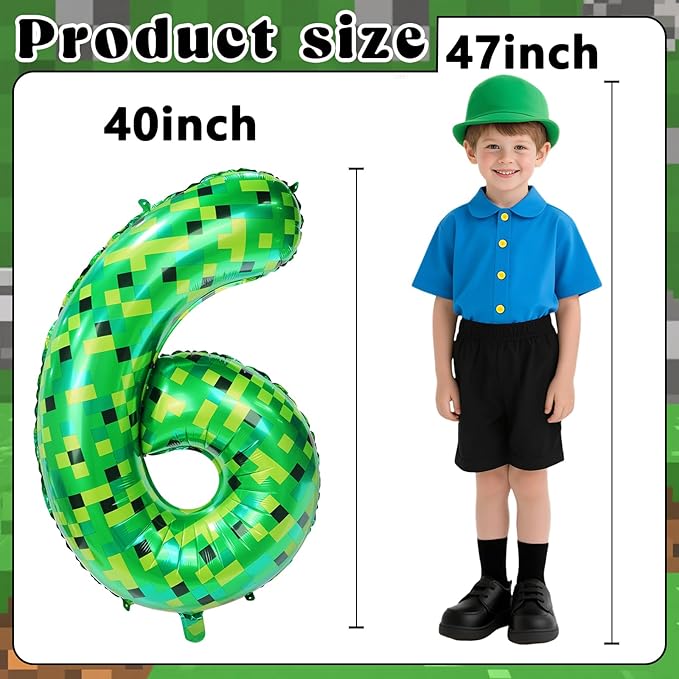40in TNT Pixel Number 6 Balloon Birthday Decorations, Miner Theme Green Foil Balloons Blast Gaming Party Supplies