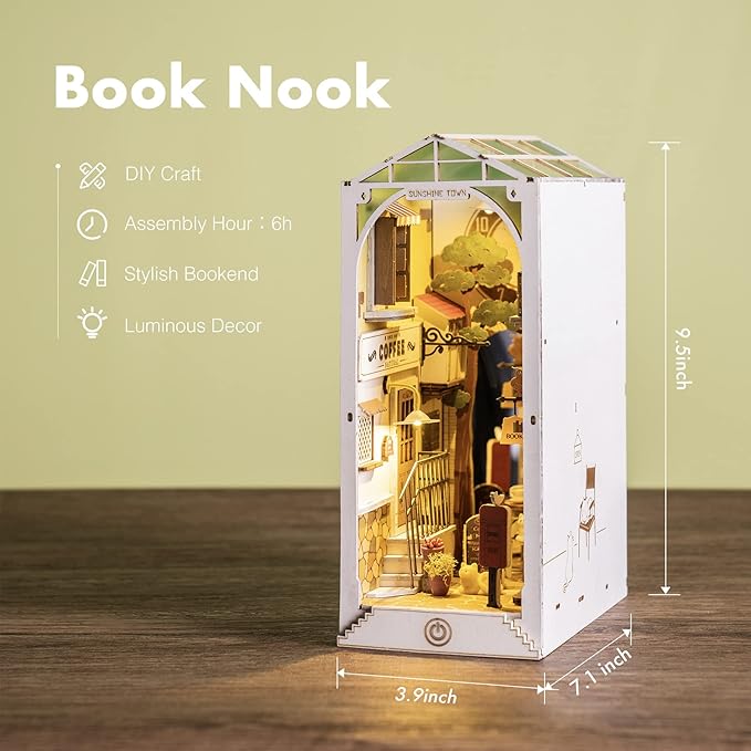 ROBOTIME Book Nook Kit DIY Miniature Dollhouse Booknook Kit 3D Wooden Puzzle Bookend Bookshelf Insert Decor with LED Light for Teens and Adults (Sunshine Town)