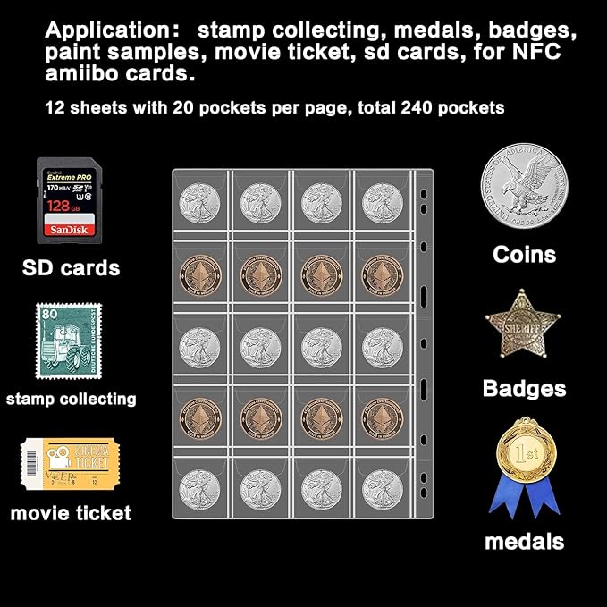 12 Sheets Coin Collection Pages, Coins Pocket Page with 240 Pockets, Coin Binder Inserts Sleeves with Standard 9 Hole for Coin Album. Storage Holder for Currency, Stamp and Other Supplies (20 Pockets)