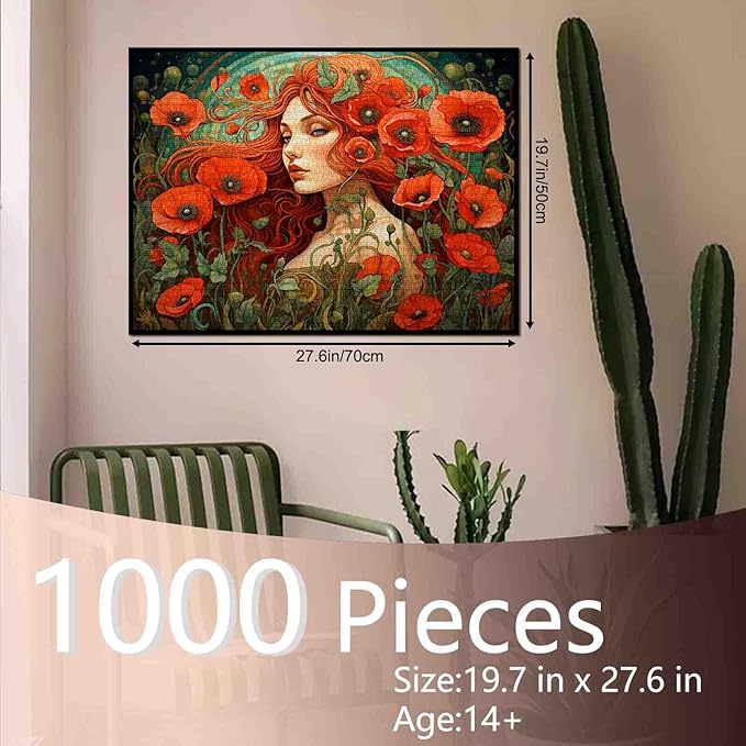 Tucocoo 1000 Piece Jigsaw Puzzles for Adults Red Poppies Painting Jigsaw Puzzle Flowers Woman 1000 Pieces Puzzles for Challenging Family Activity Game Floral Abstract Art DIY Puzzle Wall Decor Gifts
