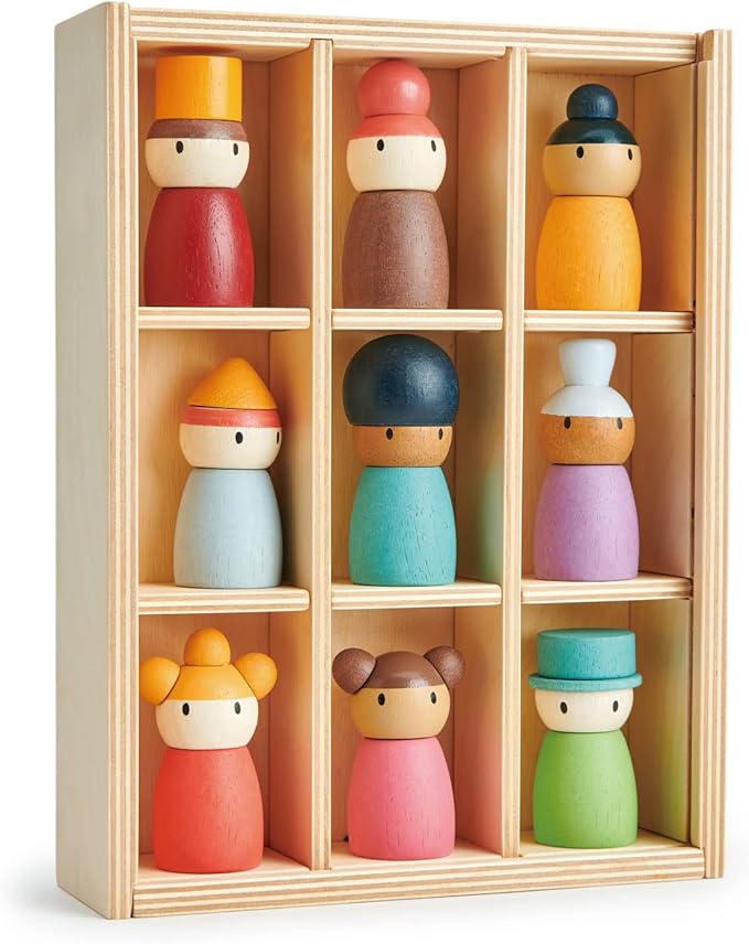 Tender Leaf Toys - Happy Folk Hotel - 9 Pcs Wooden Diversity Peg Dolls Open-Ended Toys - Montessori People Figures Play Set - Age 3+