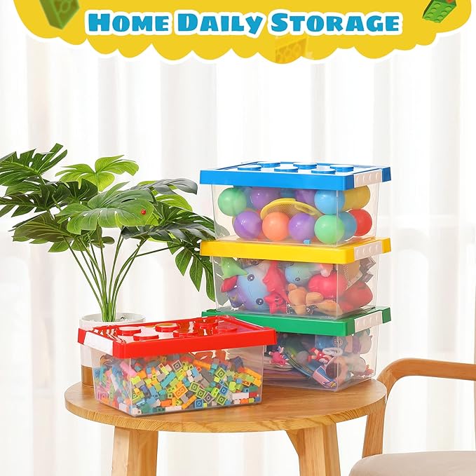 Vicenpal 4 Pack Toy Storage Containers with Lids Brick Shaped Kids Toy Organizer Box Plastic Clear Stackable Bin Chest for Building Block Dolls(Large,Red, Yellow, Blue, Green)