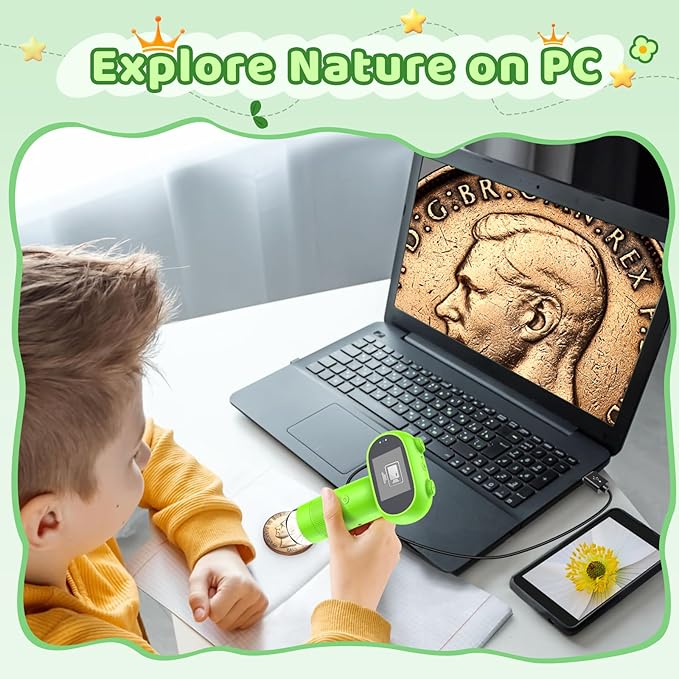 Pocket Microscope for Kids with 2inch IPS Screen, Leipan 16MP Digital Microscope 1000X, 1080P Mini Microscope with 8 LEDs, Compatible with PC, Includes 8GB Card
