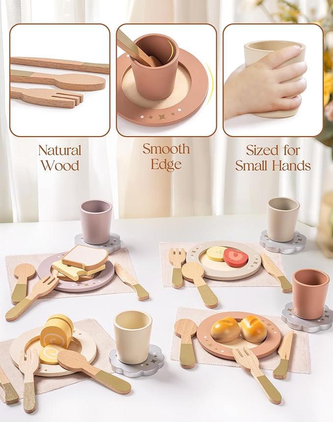 ROBOTIME Play Kitchen Dishes Set, 29PCS Wooden Toddler Plates and Dishes for Boys Girls Gifts