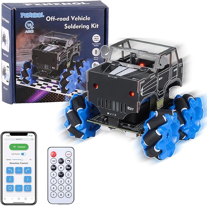 PEMENOL DIY Soldering Robot Car Kit for Teens Aged 15+, Mecanum Wheels 360° Omnidirectional Movement, Dual Remote & WiFi Control, STEM Electronics Project Present for Students & Hobbyists