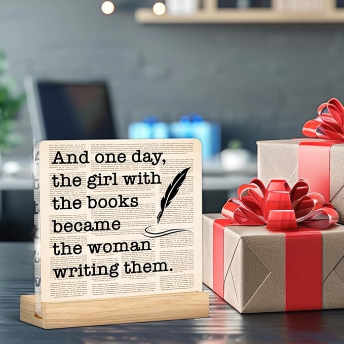 Writing Gifts for Women Girls, Funny Gifts for Writers Author Novelist Writing Lover, Retro Newspaper Acrylic Plaque Sign with Wooden Stand Home Office Decor