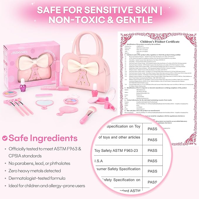 Kids Real Makeup Kit for Girls - 18Pcs Non-Toxic Washable Make Up Toys with Initial Toddler Purse - Personalized Birthday Gifts for Age 3 4 5 6 7 8 9 10 Years Old Girls Vanity Set - C