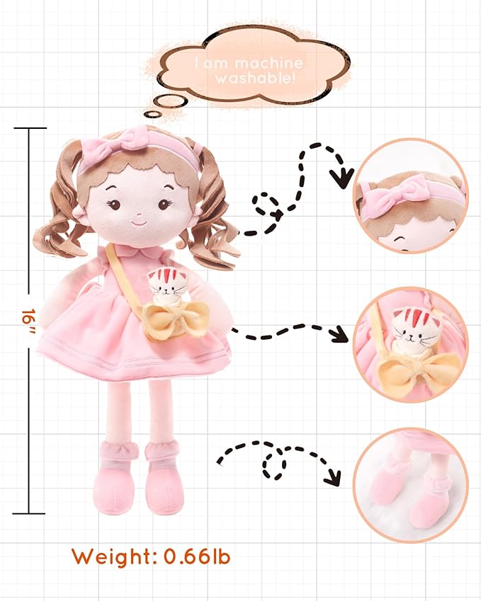 LeyaDoll Personalized Soft Baby Doll Toys (16''), My First Baby Rag Doll for 1 Year-Old Girl Birthday Gift, Christmas Plush Toys Gift for Toddler Kids Infants-Daydream-Mia-and-Her-Pet-Cat