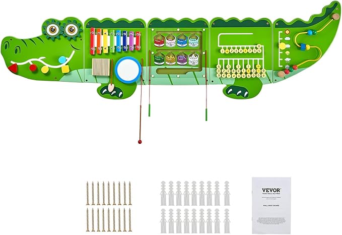 VEVOR Crocodile Activity Busy Board Panel, 9 Wall Activities Board, Montessori Sensory Wall Panel for Kids 3-12 Years, Sensory Wall Activity Panel, Ideal for Toddler Playroom Nursery Classroom