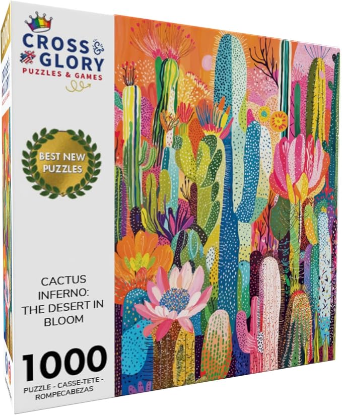 Cross & Glory - Cactus Inferno: The Desert in Bloom - 1000 Piece Jigsaw Puzzle for Adults | Vibrant Desert Cactus Puzzle | Best New Abstract Puzzle Challenge