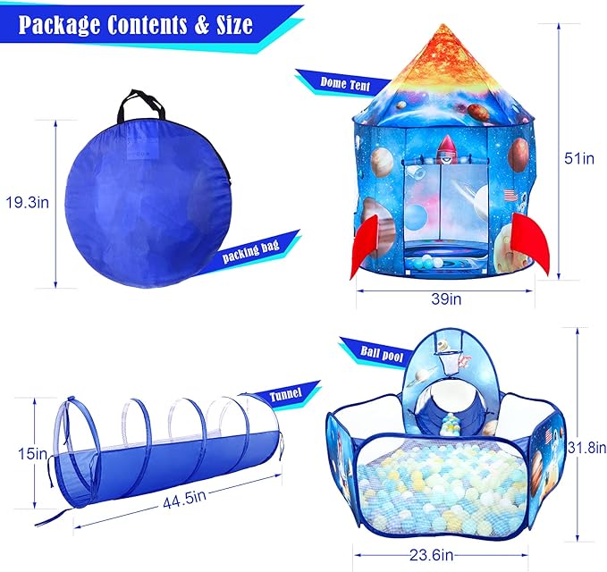 3PC Ball Pits for Toddlers with Kids Play Tent and Kids Tunnel for Boys & Girls, Baby Pop Up Playhouse Toy for Indoor/Outdoor Games, Astronaut Ships Birthday Gifts for Years Old
