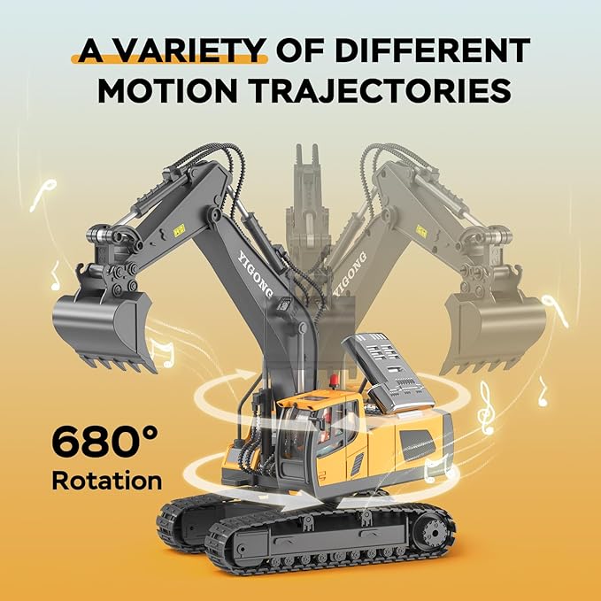 RC Excavator Toy Remote Control Excavator USB Charging, 680 ° Rotation, Featuring Flashing Lights with Engine Sound Toy for Kids Christmas Birthday Gift
