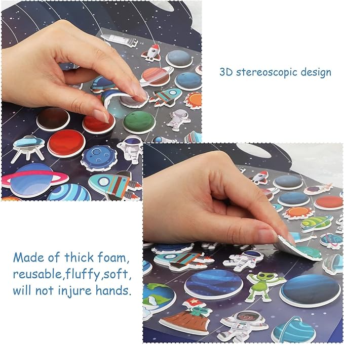 3D Outer Space Puffy Sticker Play Set Kids 2-4 Toys Gifts Sticker Book Galaxy Window Clings Decals for Toddlers Home Airplane Solar Systerm Party Supplies Decorations 100 Reusable Puffy Stickers