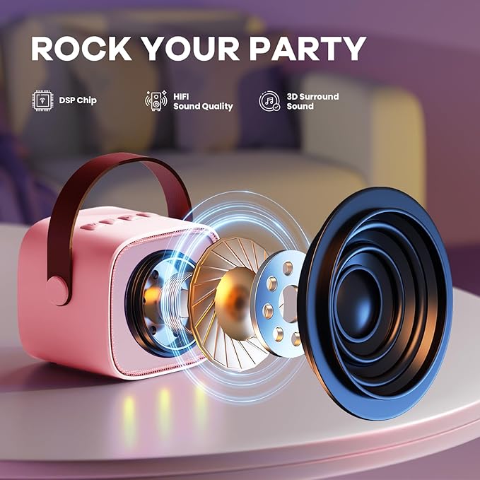 Mini Karaoke Machine for Kids Adults, Portable Bluetooth Speaker with 2 Wireless Microphones, Most Popular Toys Birthday Gifts for Girls 4, 5, 6, 7, 8, 9, 10, 11, 12+ Years Old Toddler Teens（Rose）