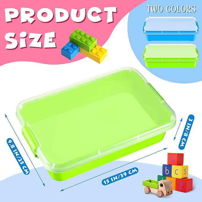 2 Pcs Sensory Bins Sand Tray with Lid, 15in Stackable Leak-Proof Plastic Sensory Tray for Sand & Water Play, Portable Bin for Kids 3 4 5 6, Easy Clean, Indoor Outdoor(Blue, Green)
