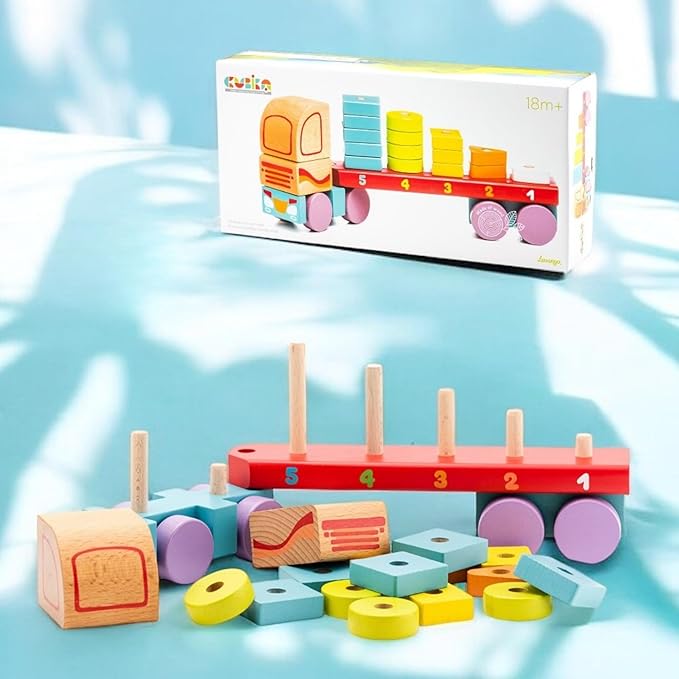 CUBIKA Wooden Geometric Shapes Truck– Montessori Toy for Toddlers Ages 3+– Shape Sorter and Stacking Truck Building Toy– FSC-Certified Wood, German Water-Based Paints, Travel-Friendly