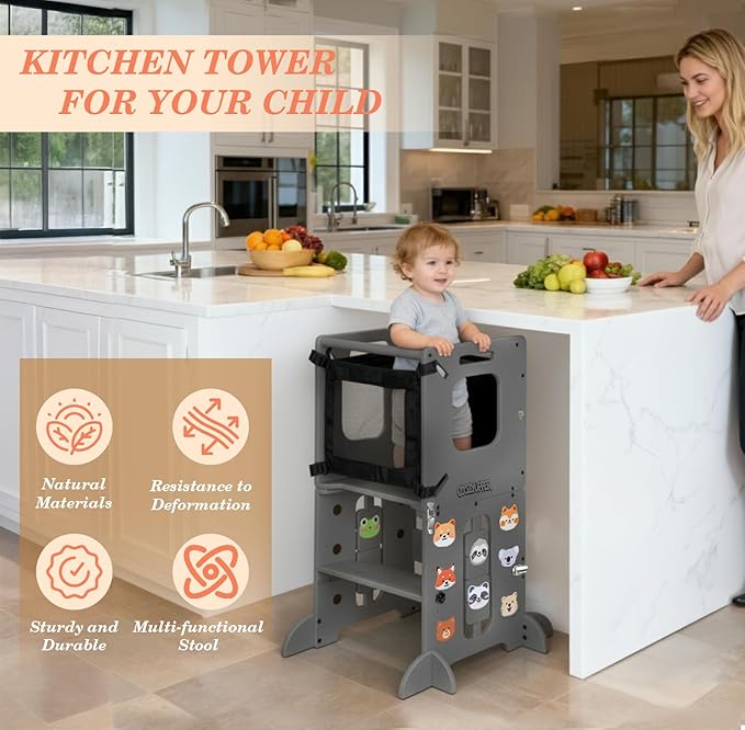 Toddler Kitchen Stool Helper, CPC Certified Foldable Toddler Tower, Learning Wooden Tower with Support Feet and Chalkboard, Anti-Drop Structure, Safe Design for Kids, Grey