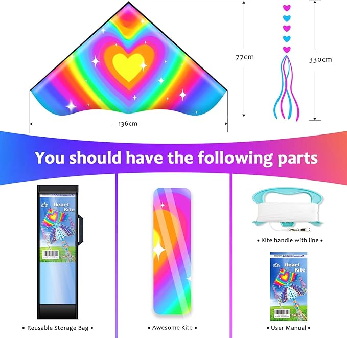 HONBO Large Delta Kite for Kids & Adults,Extremely Easy to Fly Kite for Beach Trip,String Line Included,with Colorful Tail,Perfect for Beginners