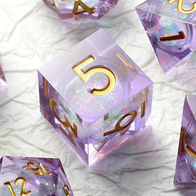 Lilac Liquid Core DND Sharp Dice,DNDND 7PCS Glitter Sparkle Sharp Edge D&D Dice with Gift Case for Dungeons and Dragon Game (Lilac)