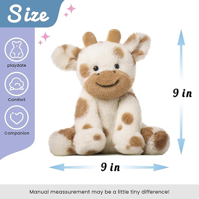 Hopearl Adorable Plush Cow Toy Floppy Dairy Cattle Soft Stuffed Animal Cute Birthday Gifts for Boys Girls Kids Toddlers, Light Brown, 9''