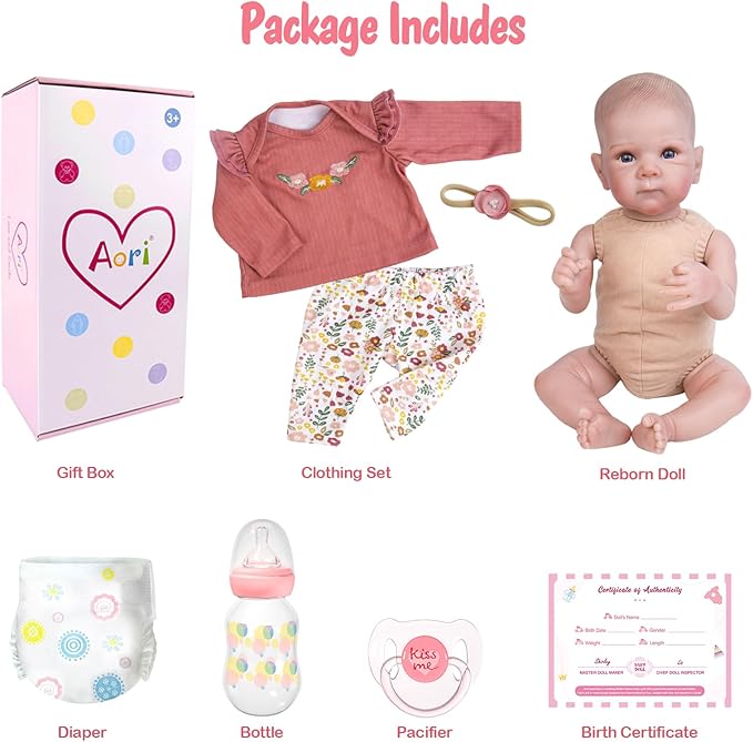 Aori Reborn Baby Dolls Girl - 20 Inch Realistic Newborn Lifelike Baby Doll with Hand-Painted Features - Weighted Cloth Body Cuddle Companion Doll with Outfits, Gift for Kids 3+ & Collectors