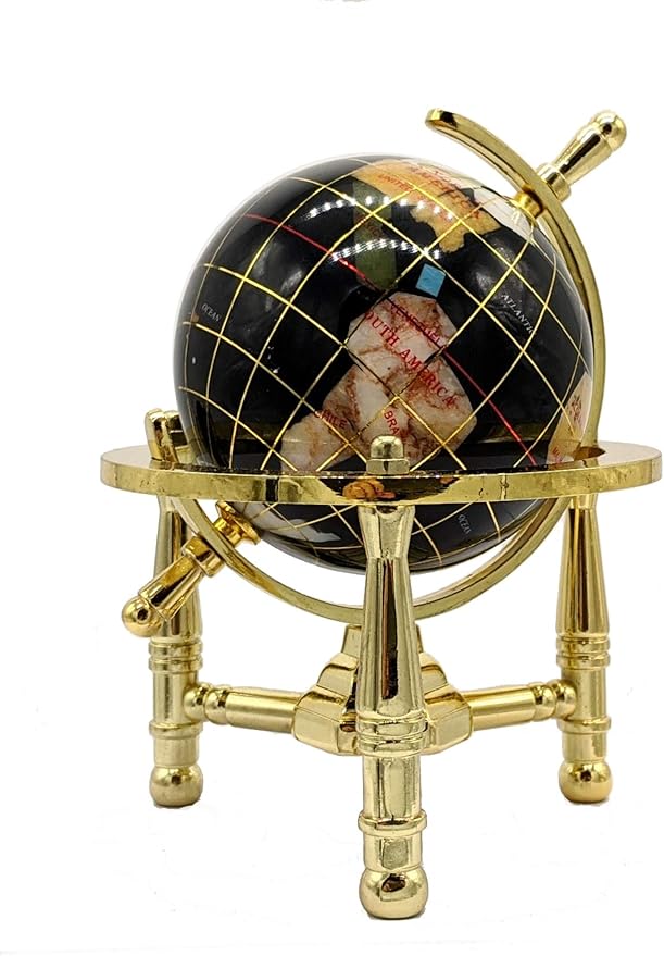 Unique Art 6-Inch by Black Onyx Ocean Mini Table Top Gemstone World Globe with Gold Tripod