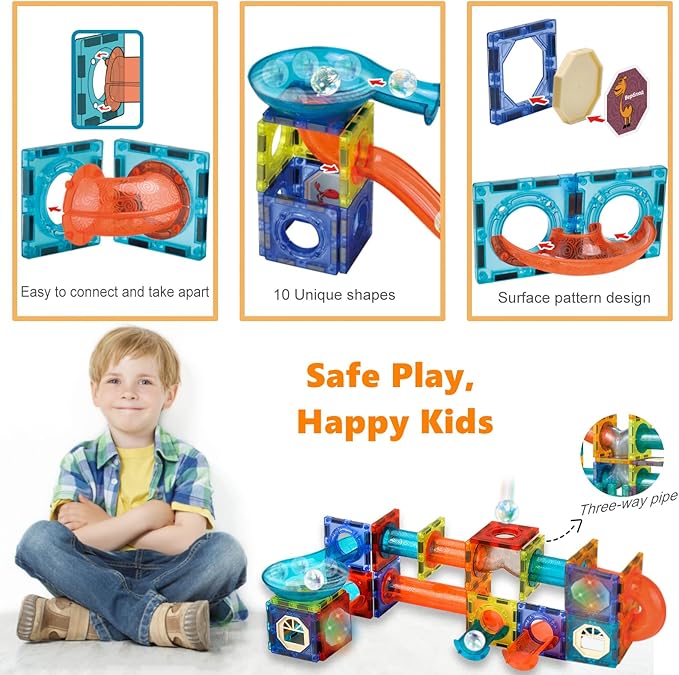 Magnetic Tiles Building Blocks Toys for Kids,144 PCS Magnet STEM Construction Set with LED Lights & Marble Run | Educational Learning Creative Gifts for Kids Ages 5-12 Boys and Girls