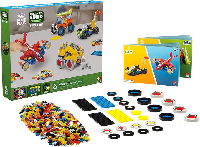 PLUS PLUS - GO! Learn to Build Vehicles Super Set, 800 Pieces - Construction Building Stem/Steam Toy, Interlocking Mini Puzzle Blocks for Kids