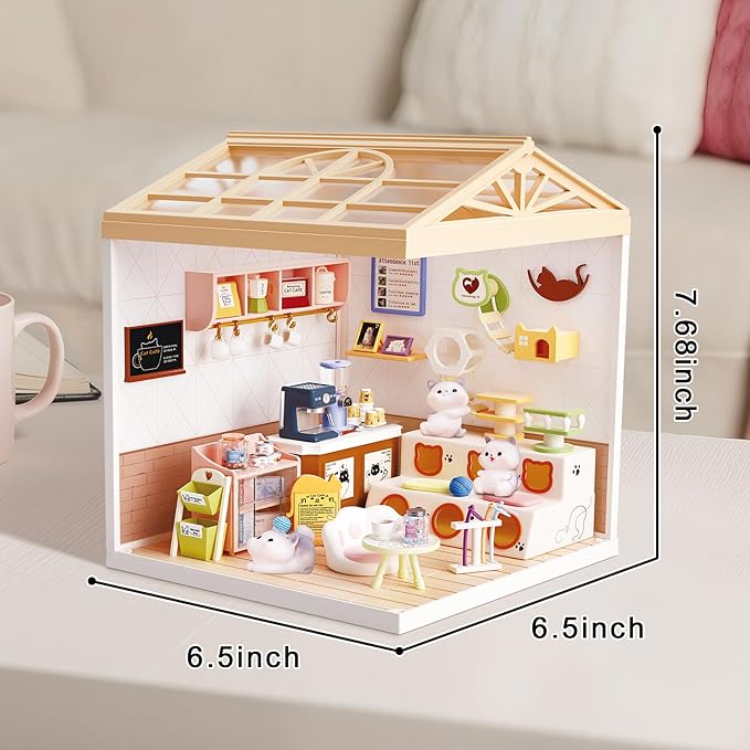 DIY Miniature House Kit Plastic House Building Toy Set with Roof & 2 Doors, Mini Dollhouse Kit with LED for Mini Figures Construction Toys Diorama Kit Gifts for Teens Adults (Happy Cat Pet)