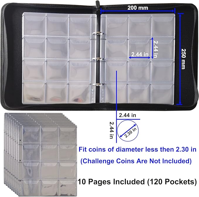 Challenge Coin Display Book Medals Holder for Collectors, 120 Pockets Large Military Coin Collecting Album with Zipper and Handle - Black