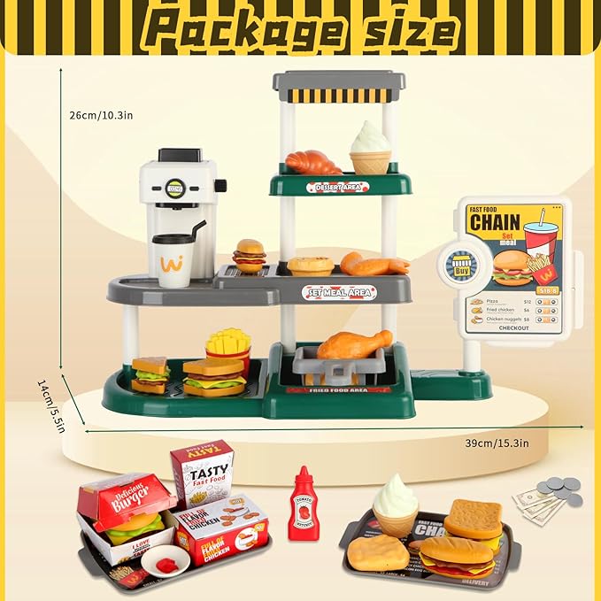 Pretend Play Food Toy for Kids Kitchen with Cash Register, Coffee Maker, 71 Pcs Fast Food Set with Burger, Fries, Ice Cream, Play Money, Educational Birthday Gift for Boys Girls Ages 3-8 (Green)