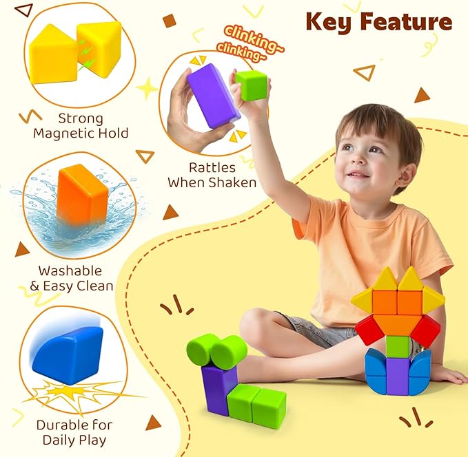 Magnetic Blocks with Multiple Shapes, 1.65 inch Large Magnetic Building Cubes for Kids, Sensory Montessori Stacking Toys for Boys & Girls Ages 3 4 5 6 (21pcs)