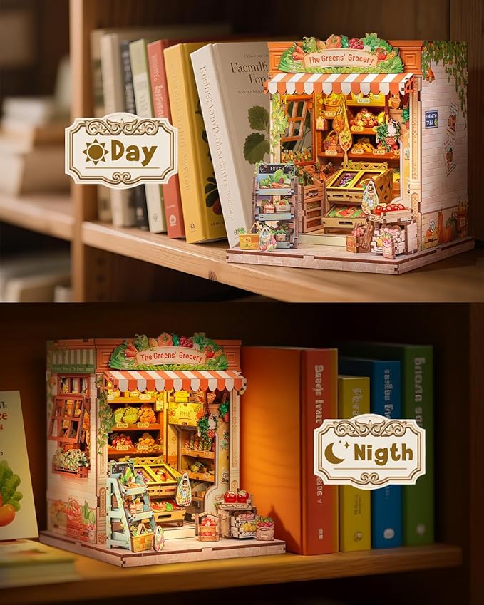CUTEBEE Book Nook Kit - DIY Miniature House Dollhouse Kit for Adult and Teens, Booknook Bookshelf Decor with LED Light, Gifts for Family and Friends (The Greens’ Grocery)