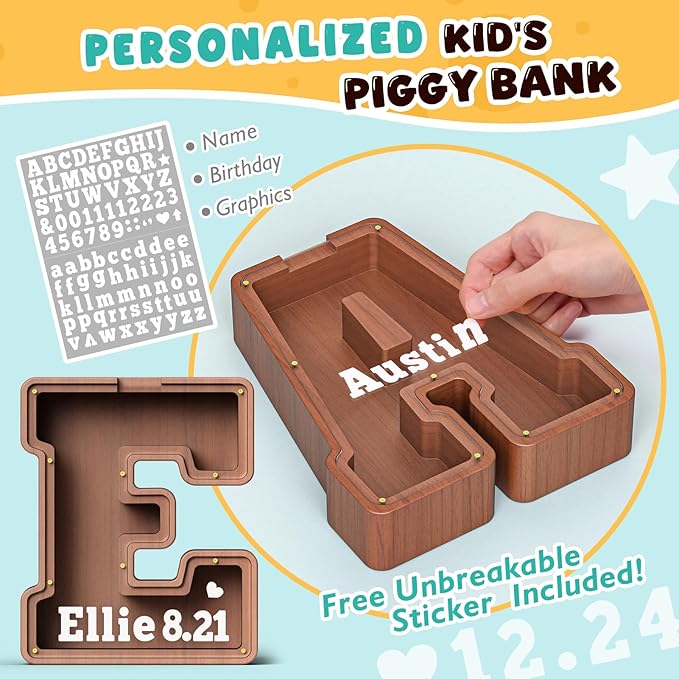 Summidate Wooden Letter Piggy Bank, Extra Thick Large Capacity Piggy Bank for Kids Boys Girls Toddler, Alphabet E Money Bank| Coin Box Birthday, Christmas, Festival