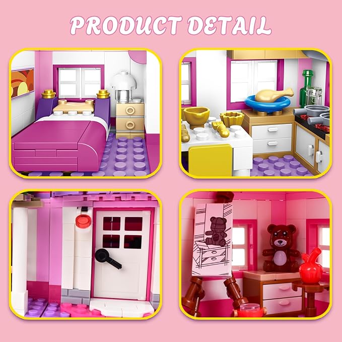 Pink Summer Pool Villa Building Block Set Friends Construction Educational Toy 1018 Pieces Gifts for Girls Teens Kids Adults Ages 6+