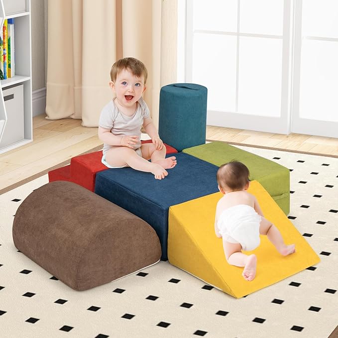 Costzon Toddler Climbing Toys Indoor, 6 Pieces Foam Climbing Blocks for Baby w/Skin-Friendly Chenille Fabric, 30D High-Density Foam & Carrying Handles, Soft Play Climbing for Toddler (Assorted)