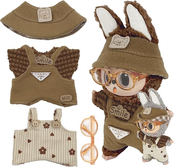 17cm Clothes Set (NO Doll) 5PC Set Hat Glasses Overalls for 17cm Accessories Suit, Doll Clothing for Trendy Blind Box，Cute Clothes for LBB Doll Dress up Unique Style,Free Combination (Tan)