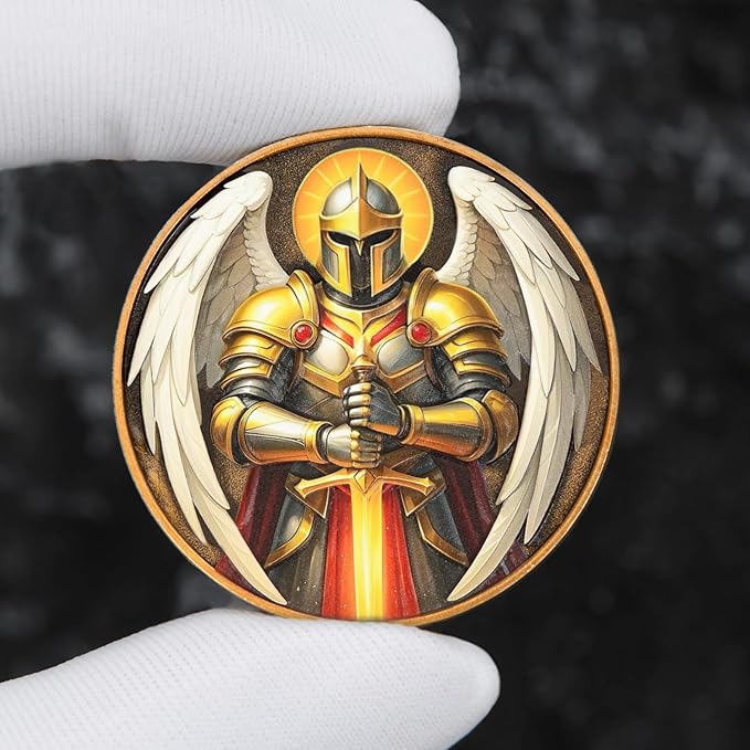 St Benedict Coin & Angel Warrior Metal Token Set - Christian Religious Medallion with Latin Prayer & Fantasy Archangel Design