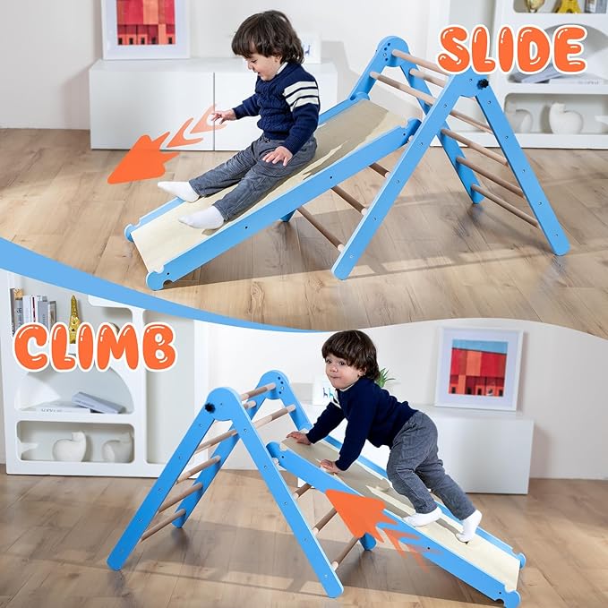 Pikler Triangle Set Climber 5 in 1, Toddler Climbing Toys Indoor Folding with Ramp & Arch & Mat for Montessori Play Gym for Toddlers and Kids (Blue)(105" Wx25 Dx31.5 H)