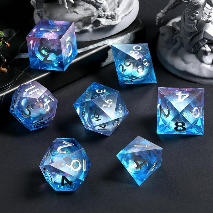 Resin Sharp Dice,DNDND 7PCS Glitter Liquid Resin DND Dice Set with Gift Case for Dungeons and Dragons Tabletop Game (Liquid Blue and Pink)