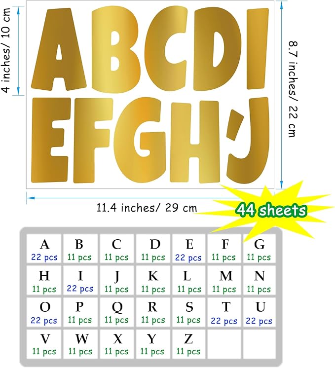 Bemeol Bulletin Board Letters 462 Pieces 4 Inch Alphabet Letter Stickers Cutout Letters for Poster Board Display Home Classroom School Decor(Gold)